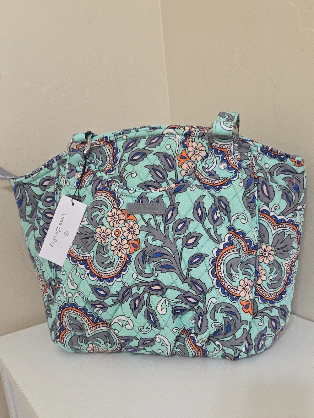 Vera Bradley Mint Floral. Quilted Tote with Navy and Coral Accents